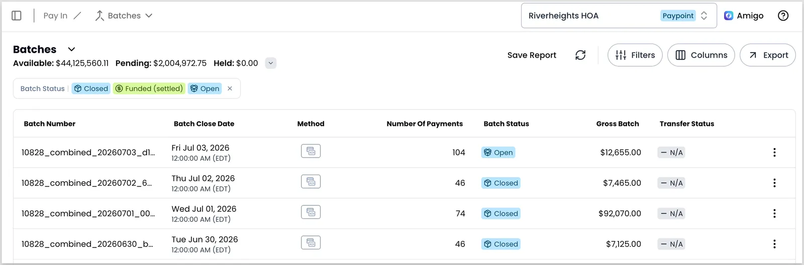 The Batches report showing available, pending, and held totals, a Batch Status filter set to Closed, Funded (settled), and Open, and a table of batch records with columns for batch number, close date, method, number of payments, batch status, gross batch, and transfer status