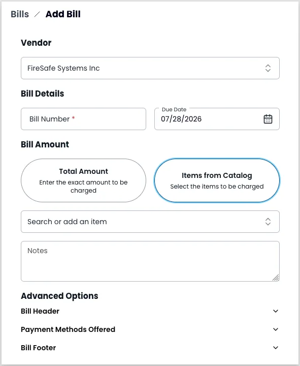 Add Bill form with the Total Amount option and catalog item search