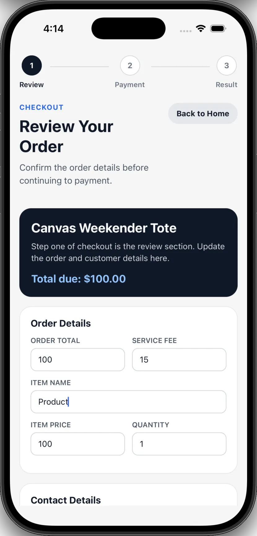 review page of React Native example app