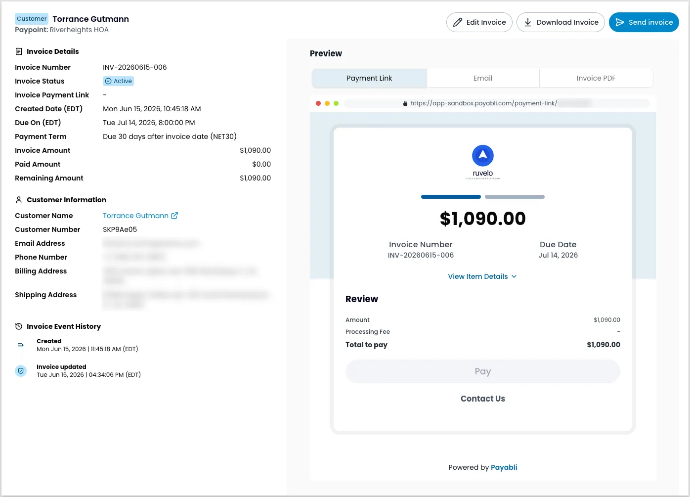 An invoice detail panel. The left side shows Invoice Details, Customer Information, and a timestamped Invoice Event History. The right side shows a Preview pane with Payment Link, Email, and Invoice PDF tabs.