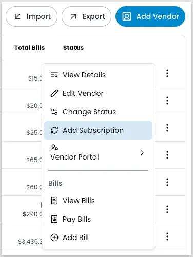 Three-dot action menu on a vendor record with Add Subscription highlighted