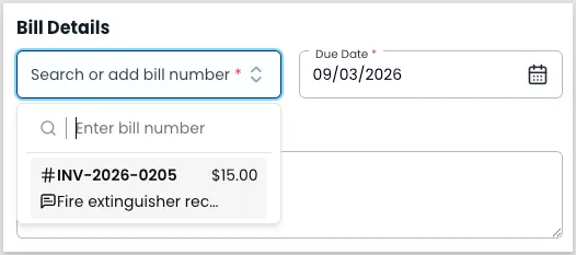 Add Autopay side panel showing a bill number search with a matching result, a Due Date field, and a Notes field
