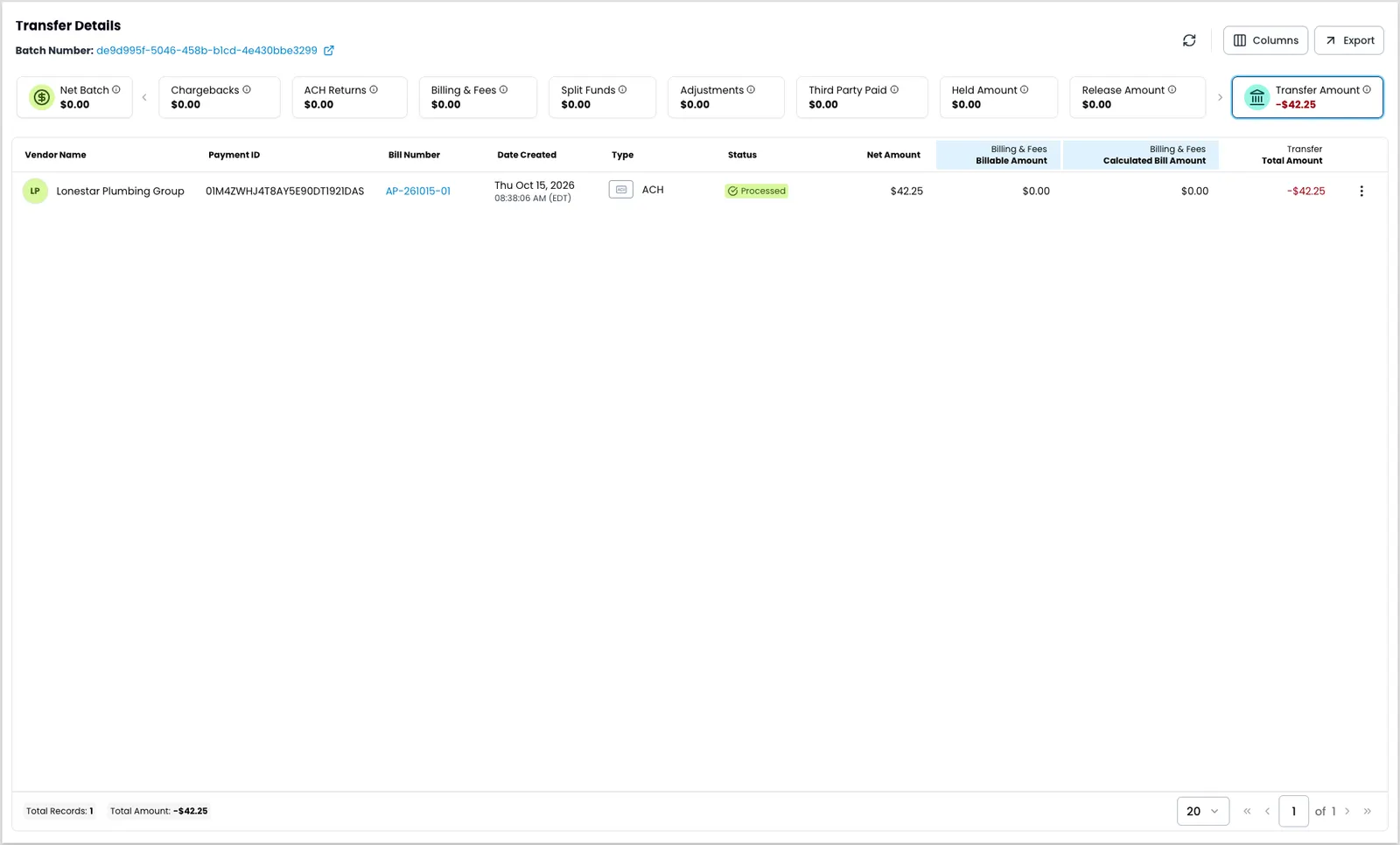 Transfer details for one transfer, showing its batch number. The roll-up buttons are Net Batch, Chargebacks, ACH Returns, Billing and Fees, Split Funds, Adjustments, Third Party Paid, Held Amount, Release Amount, and Transfer Amount, which is selected. The table lists the transfer's payout with vendor name, payment ID, bill number, date created, type, status, and amount columns.