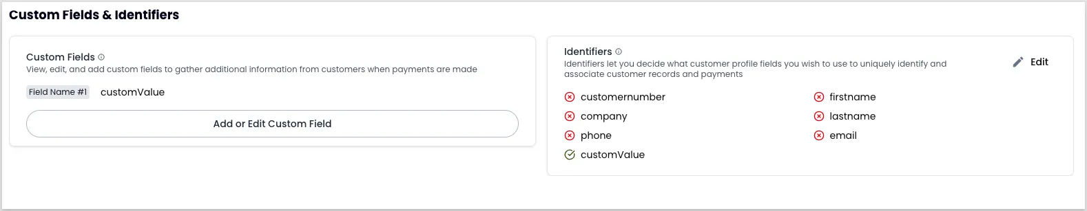 Custom fields settings screen showing the Custom Identifiers section