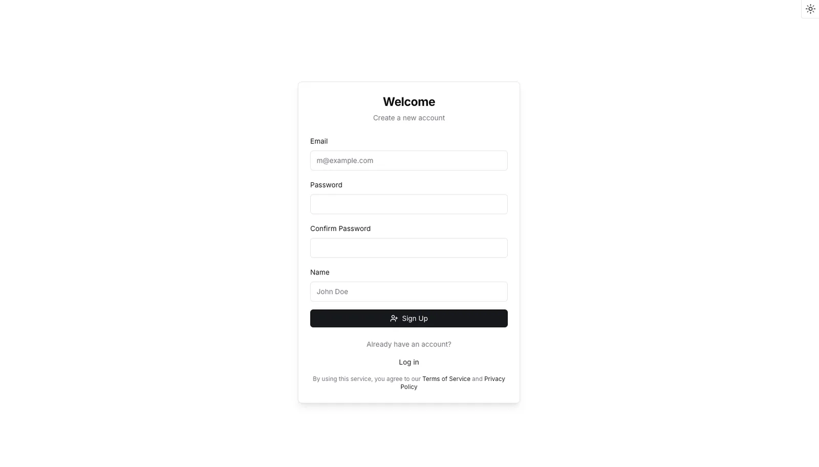 Screenshot of sign-up page