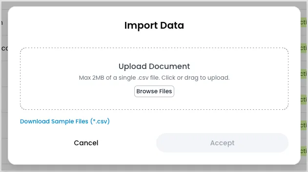 Import Data modal with a file upload area, a Browse Files button, and a link to download sample files