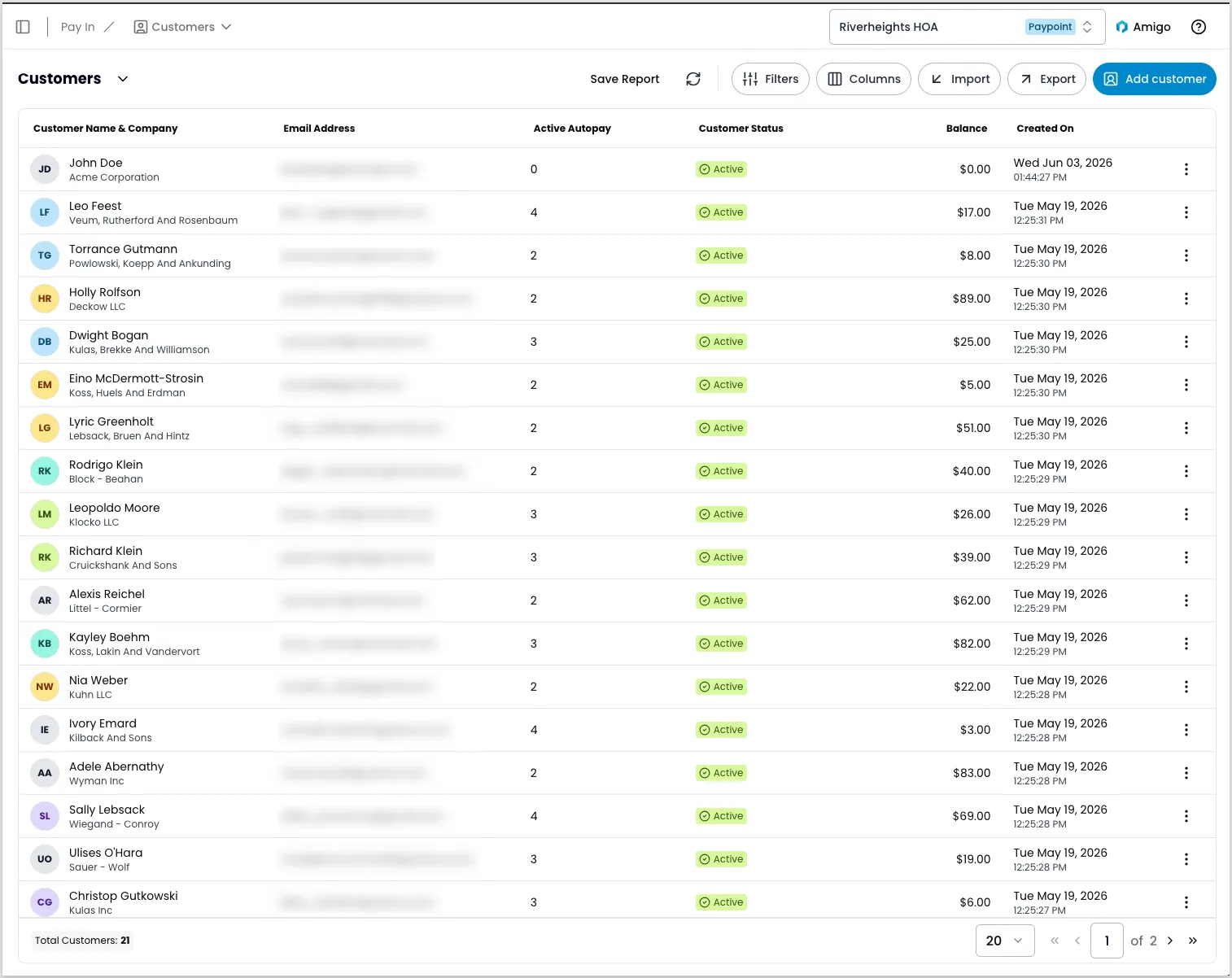 Customers report showing a list of customer records with controls for filtering, importing, exporting, and adding customers