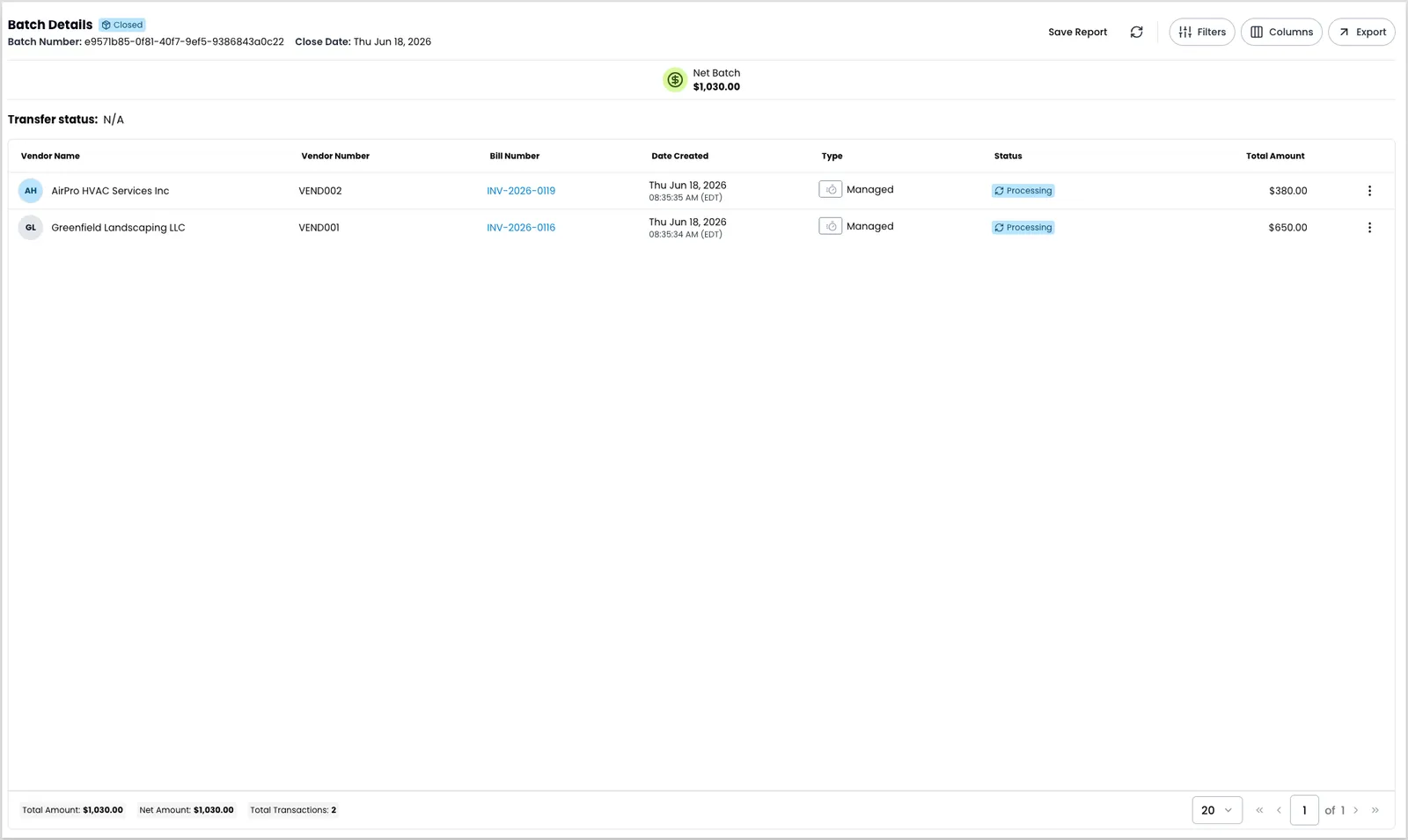 A Batch Details panel for a closed batch, showing the batch number, close date, net batch amount, and a transfer status of N/A, and a table of vendor payment transactions with columns for vendor name, vendor number, bill number, date created, type, status, and total amount