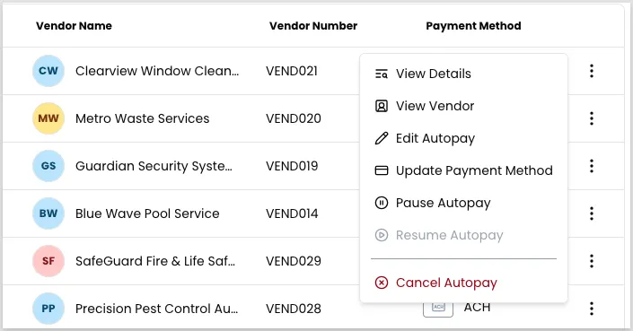 Three-dot action menu on an autopay record listing View Details, View Vendor, Edit Autopay, Update Payment Method, Pause Autopay, a disabled Resume Autopay, and Cancel Autopay in red