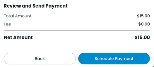 Review and Send Payment summary showing Total Amount, Fee, and Net Amount, with Back and Schedule Payment buttons