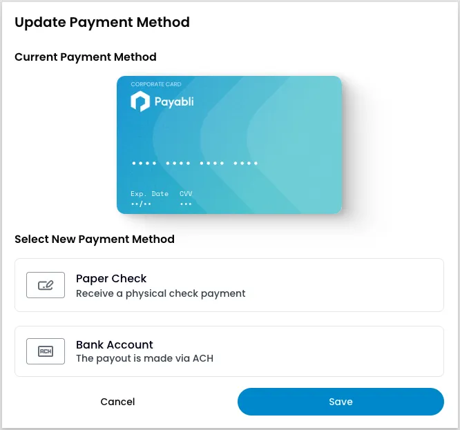 Update Payment Method modal showing the current virtual card payment method and new options to select Paper Check or Bank Account