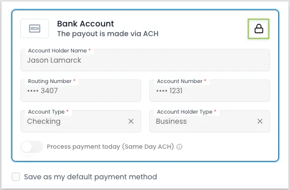 Payment link hosted page with the locked default ACH method and lock icon highlighted