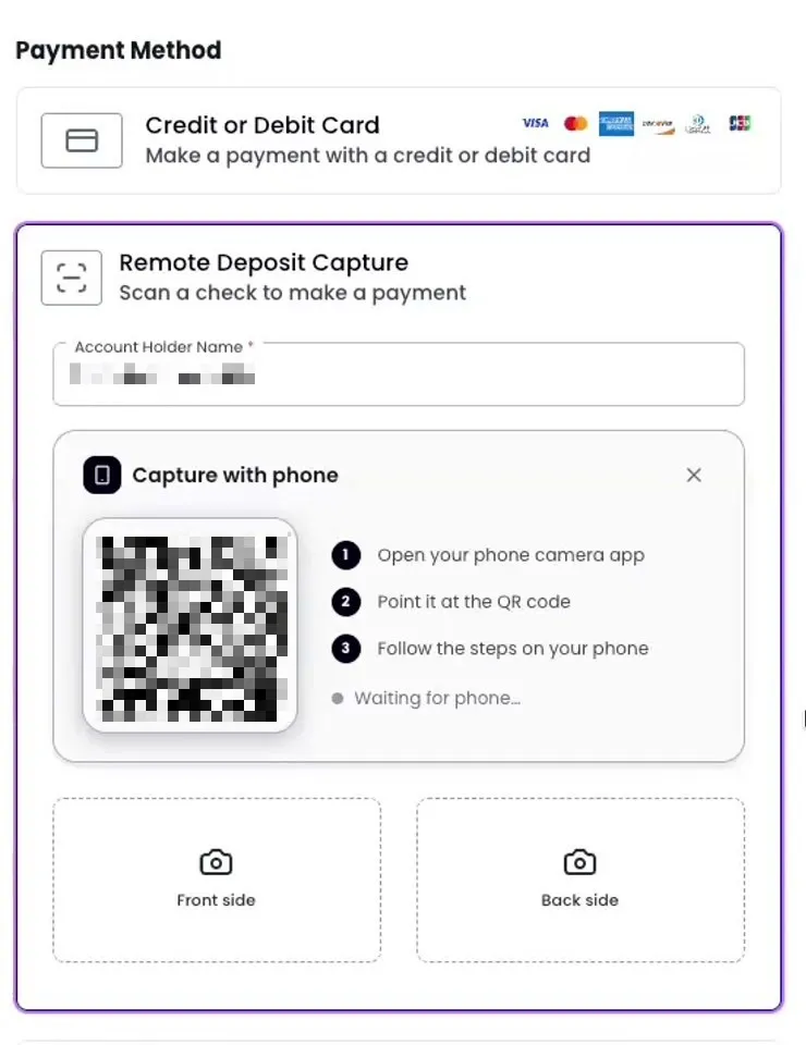 The Capture with phone panel showing a QR code, three numbered steps, and a Waiting for phone status.