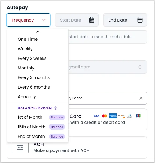 Create Autopay modal showing frequency options: 1st of month, 15th of month, and End of month