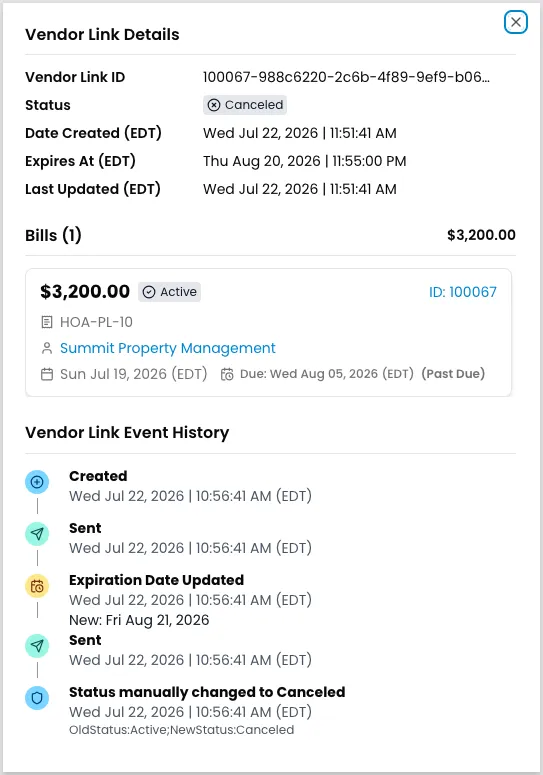 Vendor link detail panel showing link metadata, the associated bill and status, and an event timeline for created, sent, expiration, and status changes.