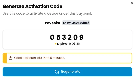 Generate Activation Code dialog showing the paypoint entry, a 6-digit code with a countdown timer, a warning that the code expires in less than 5 minutes, and a Regenerate button