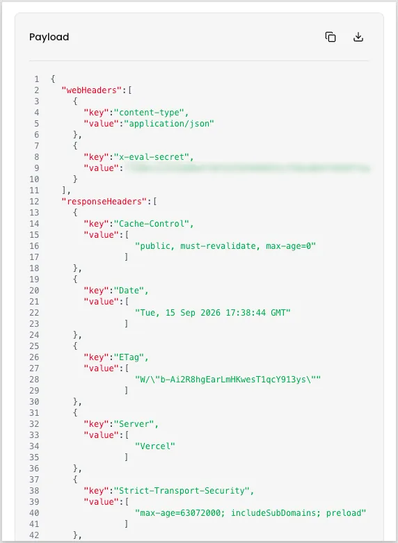 The Payload panel showing JSON for a delivery, with a webHeaders array containing a content-type header and an x-eval-secret header whose value is redacted, followed by a responseHeaders array containing Cache-Control, Date, ETag, Server, and Strict-Transport-Security values returned by the receiving server.