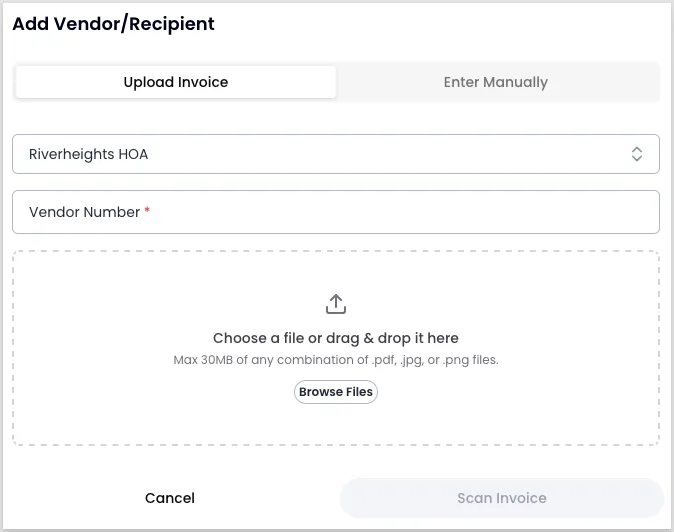 Add Vendor modal in scan mode, showing the Vendor Number field and an invoice file upload area