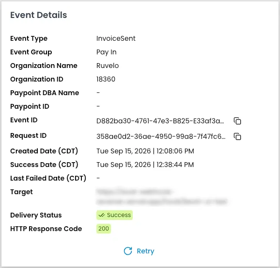 The Event Details panel for a successful InvoiceSent webhook delivery, listing event type and group, organization name and ID, event ID and request ID with copy icons, created and success dates, a redacted target URL, a Success delivery status, an HTTP response code of 200, and a Retry link.