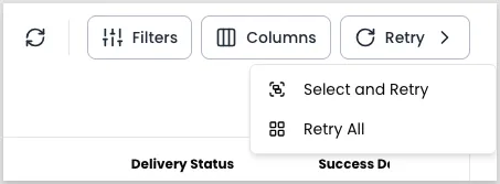 The Retry control in the Notification Logs toolbar, expanded to show two options, Select and Retry, and Retry All.