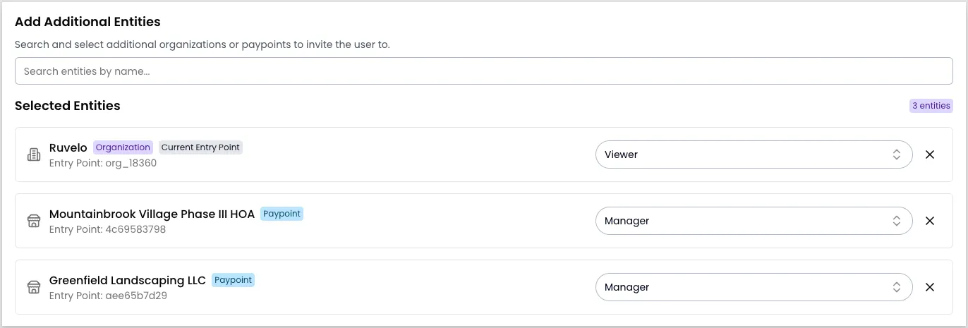 The Add Additional Entities section of the invite user form. The Selected Entities list shows three entries: the Ruvelo organization marked as the Current Entry Point with the Viewer role, and two paypoints — Mountainbrook Village Phase III HOA and Greenfield Landscaping LLC — both assigned the Manager role.