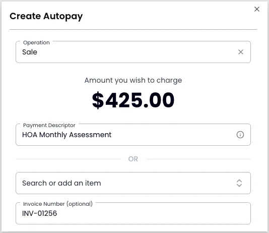 Create Autopay modal showing amount set to 425.00, description set to HOA Monthly Assessment, and an optional invoice number field