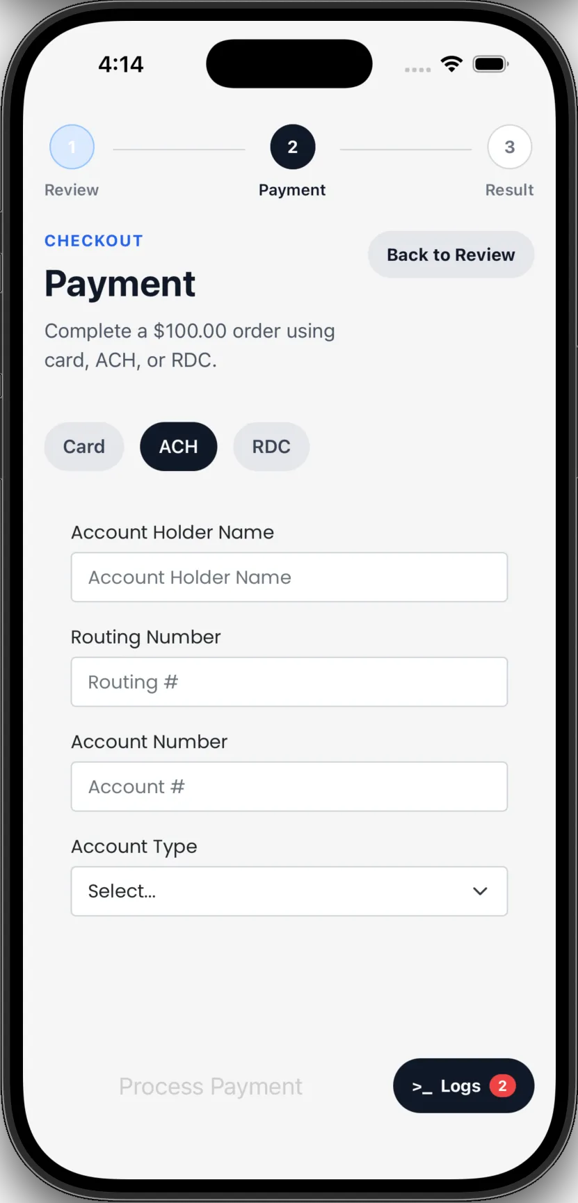 payment page of React Native example app