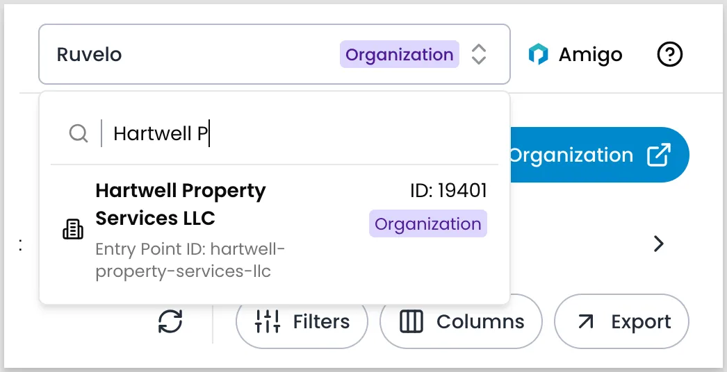 Navigation bar context dropdown showing a search for 'Hartwell P' with Hartwell Property Services LLC appearing as a result