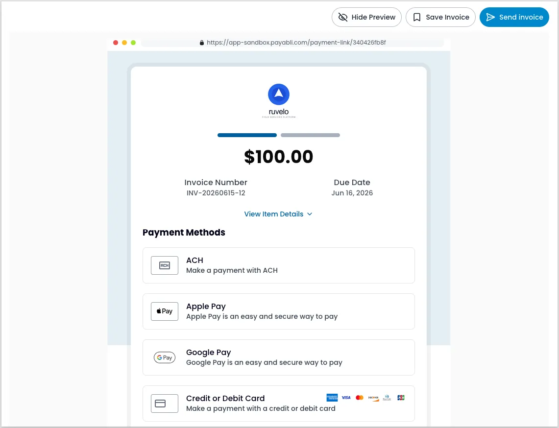 Add Invoice form showing the live invoice preview with the Save Invoice and Send Invoice buttons