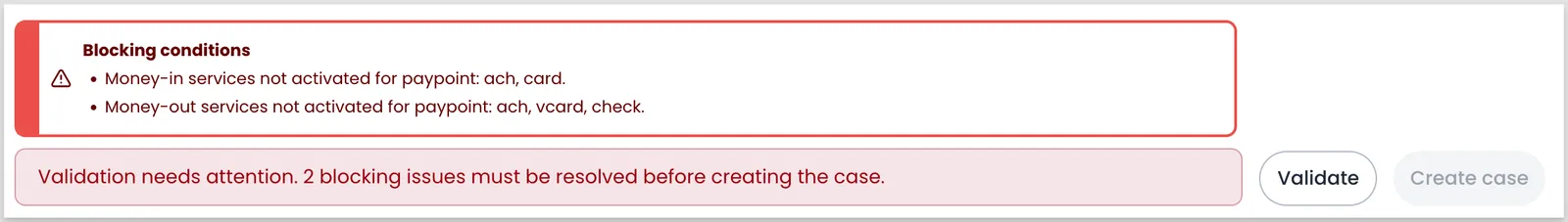 A validation result showing two blocking conditions in a red panel and a message that two blocking issues must be resolved, with the Create case button disabled