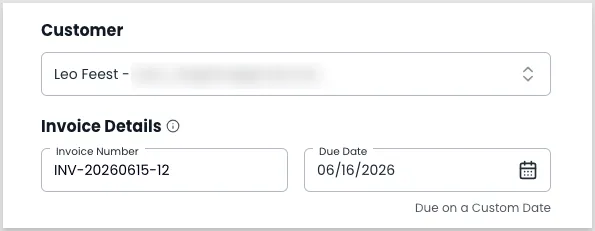 Add Invoice form showing the customer search field with an existing customer selected