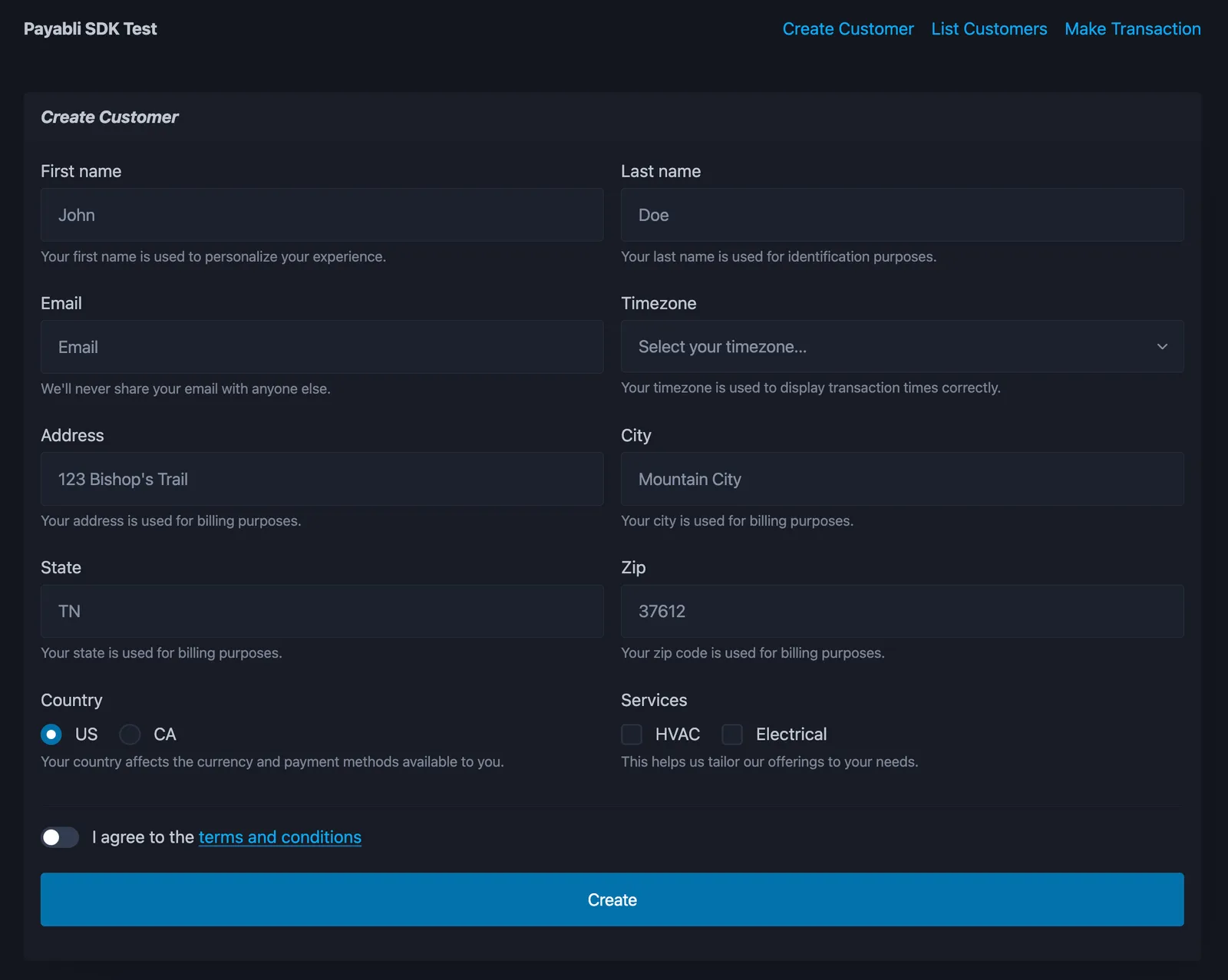 customer creation page of SDK example app