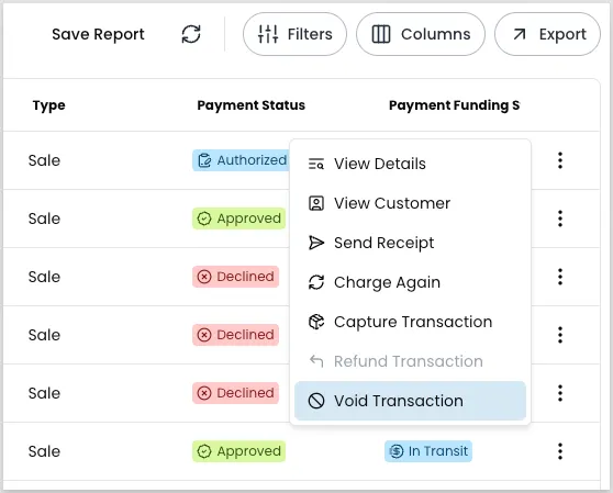 Three-dot action menu on a transaction row with Void Transaction highlighted