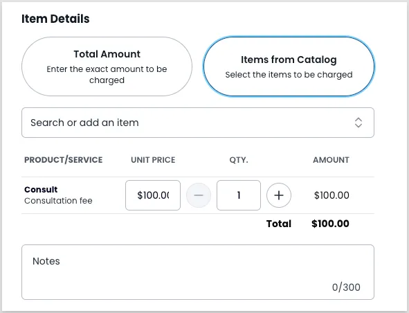 Add Invoice form showing the Total Amount field and the catalog item search