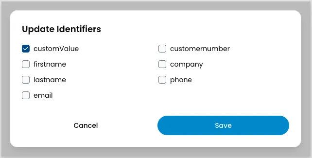 Custom identifiers modal showing field selection checkboxes