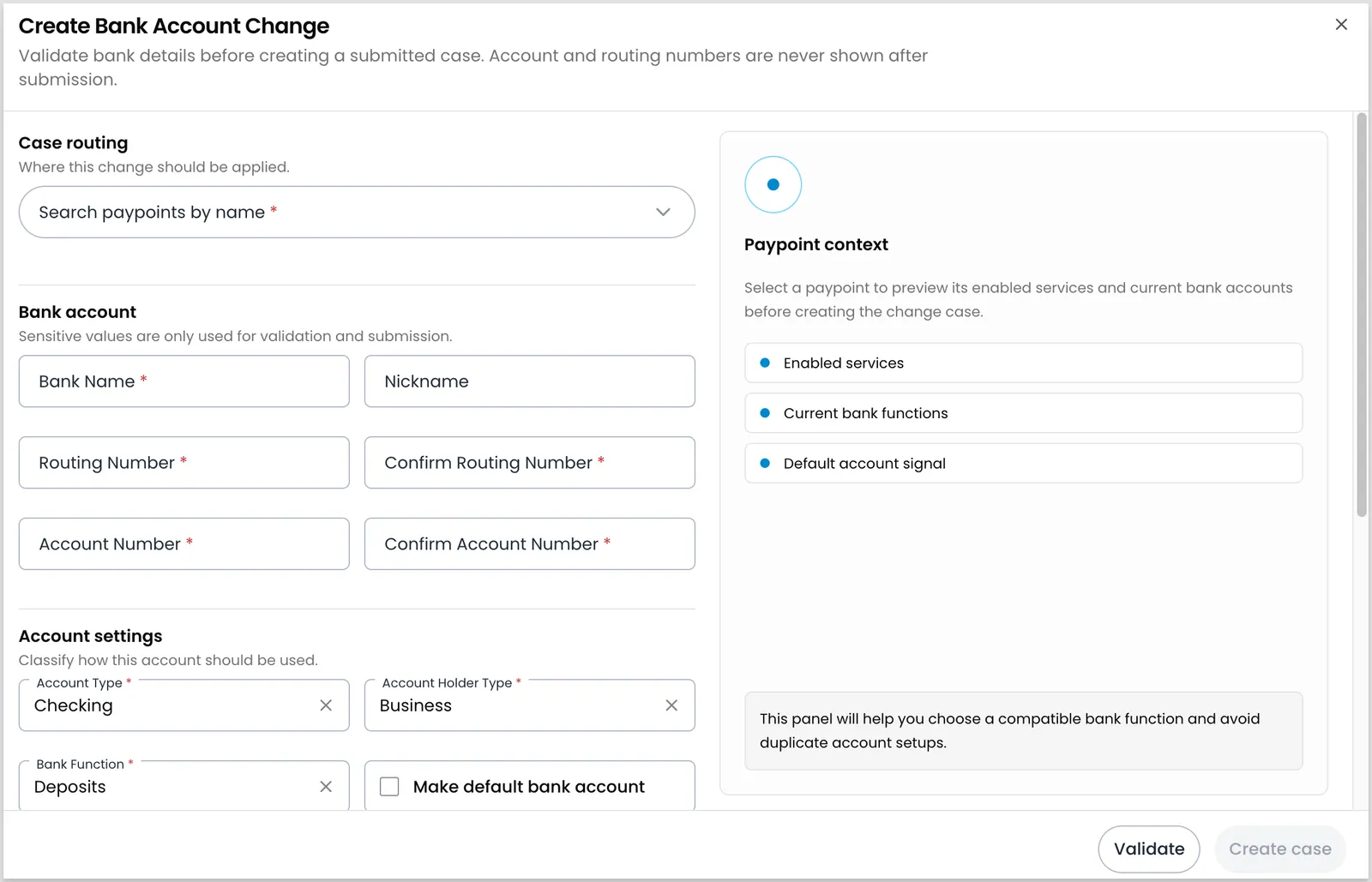 The Create Bank Account Change modal with Case routing, Bank account, and Account settings sections, and a Paypoint context panel that previews the paypoint's enabled services and current bank accounts