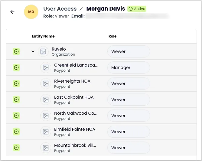 The User Access panel for an active user with the Viewer role. A table lists all entities and assigned roles: the parent organization as Viewer, one paypoint as Manager, and six additional paypoints as Viewer.