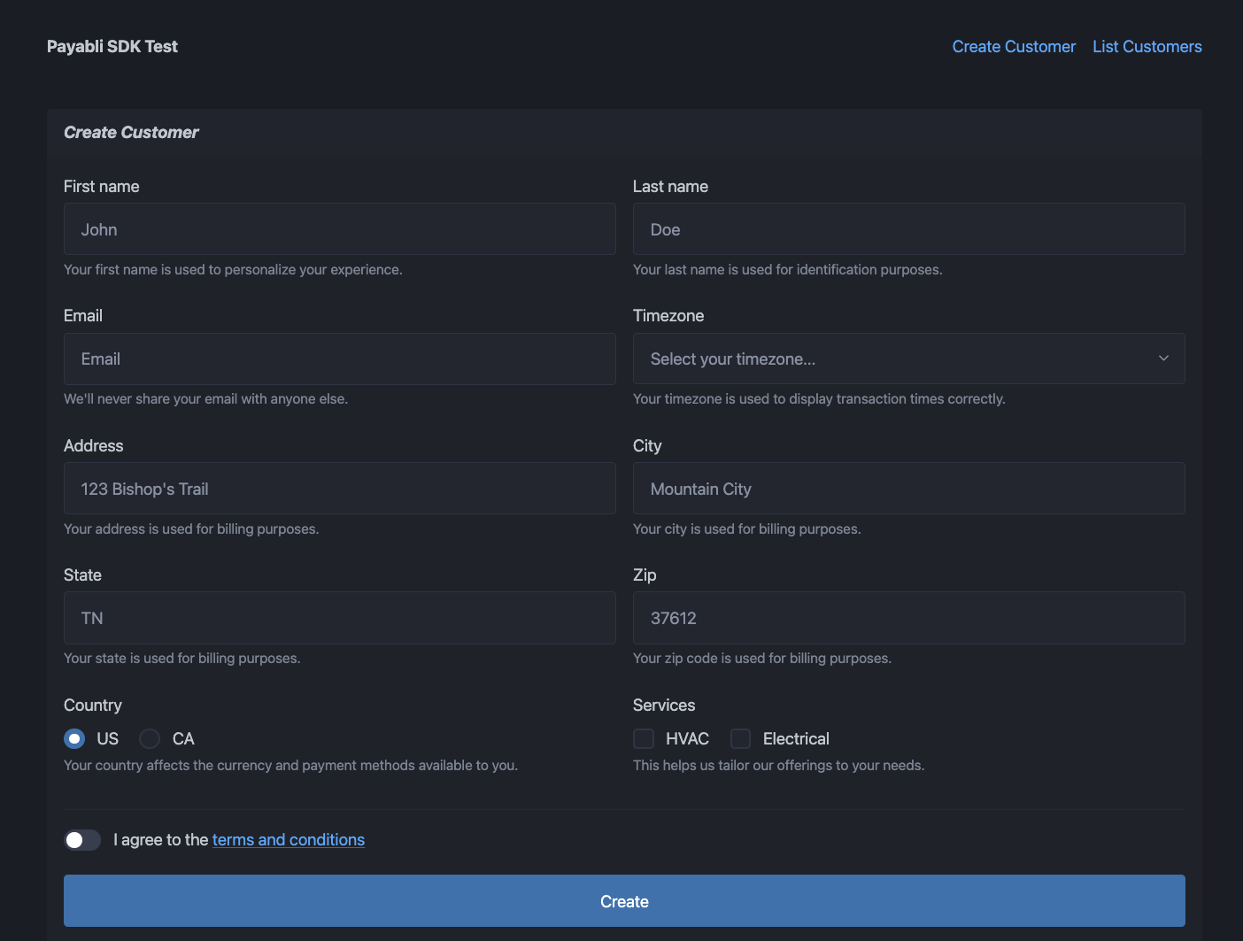 customer creation page of SDK example app